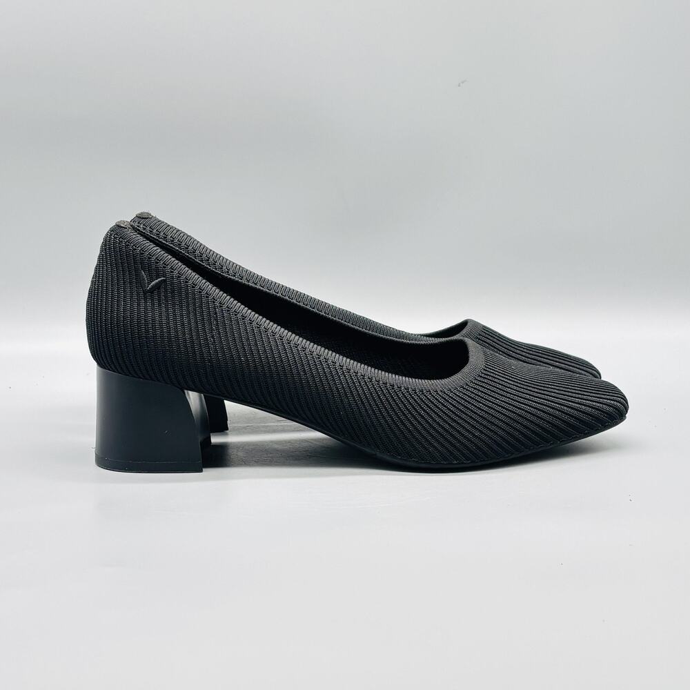 Black Ribbed Mid Block Heel Pumps